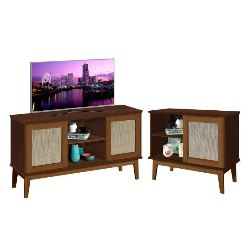 Conjunto Rack Para Tv E Balcão Palha Sintética Freijó