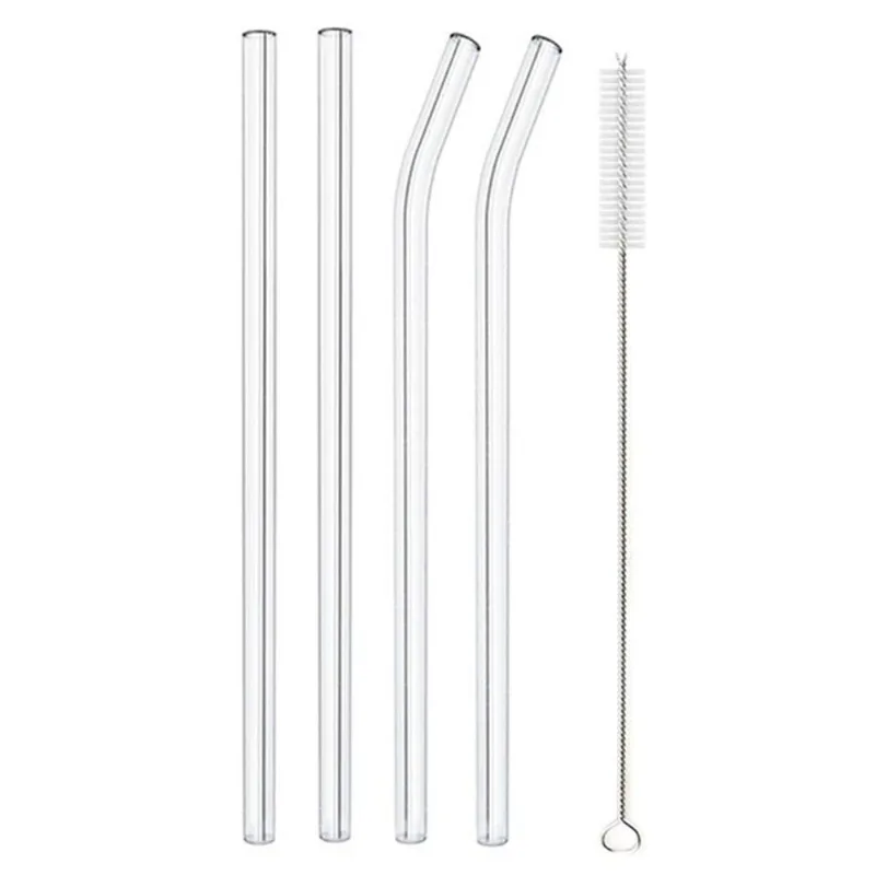 Kit Canudos Vidro 10mm Incolor - 2 Retos + 2 Curvos + Escova