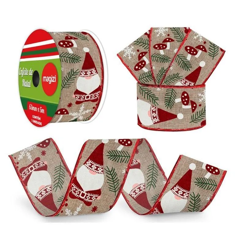 Fita Aramada Linho Papai Noel Laços Enfeite Natal Rolo 6,3cm