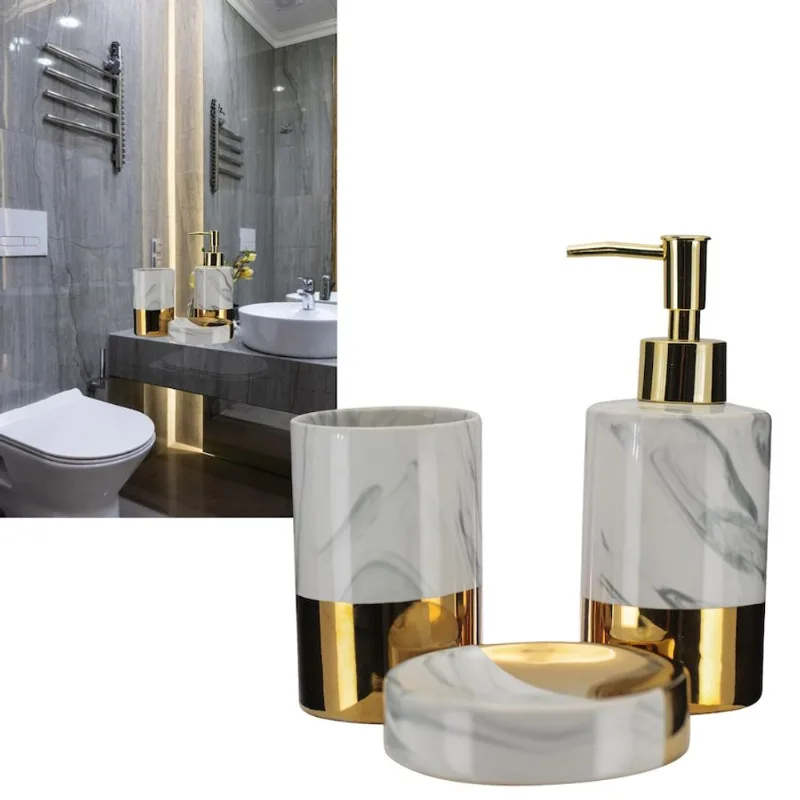 Jogo de Banheiro kit 3 peças Porcelana Branco/Dourado Gold Qualidade Premium