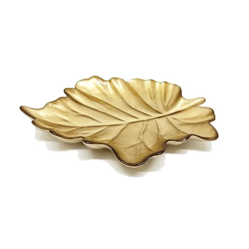 Travessa Vidro Centro De Mesa Folha Dourada Leaves 30cm - Tuut