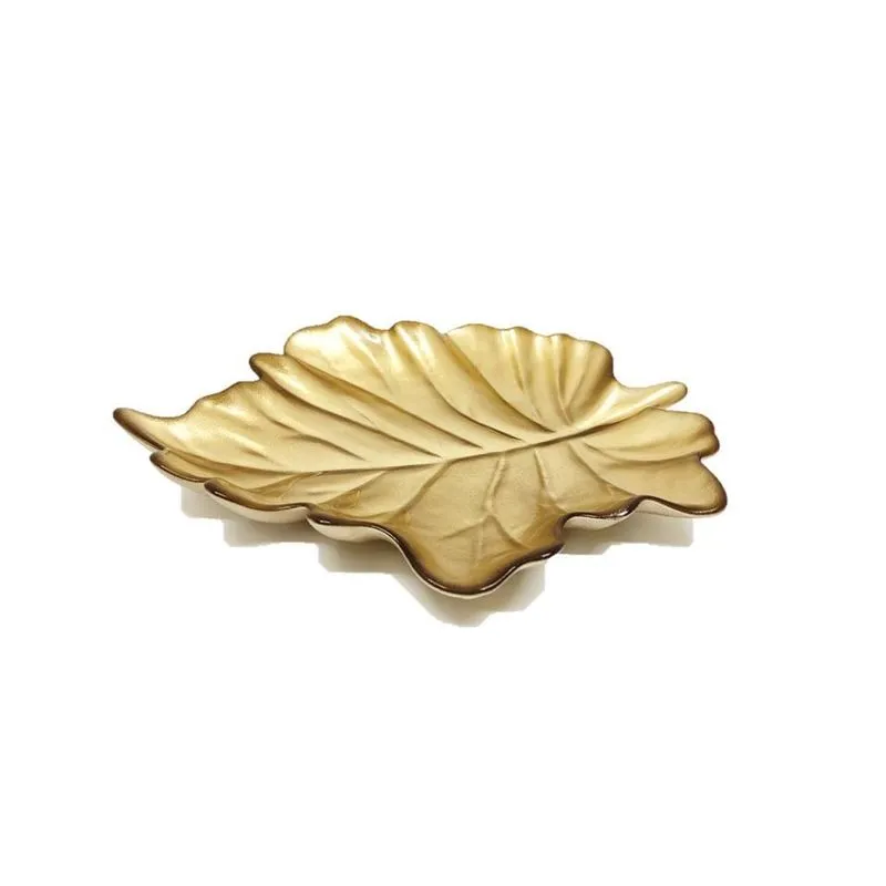 Travessa Vidro Centro De Mesa Luxo Folha Dourada Leaves 24cm - Tuut