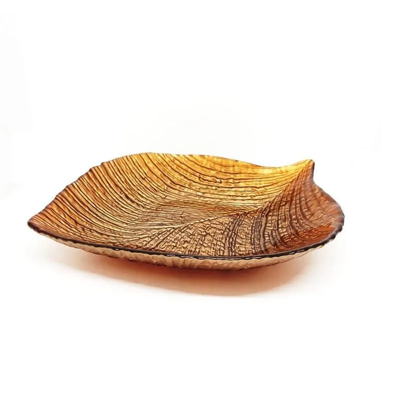 Travessa Vidro Centro De Mesa Folha Bronze Texturizado Drops 27cm - Tuut