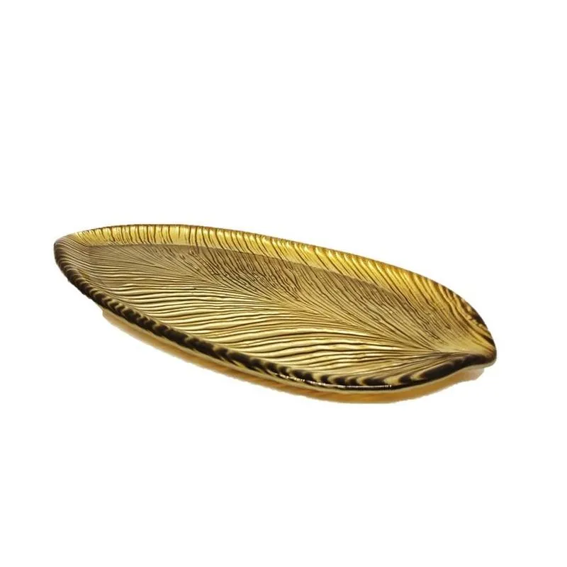 Travessa Petisqueira Vidro Luxo Centro De Mesa Folha Ouro Texturizado 30cm - Tuut