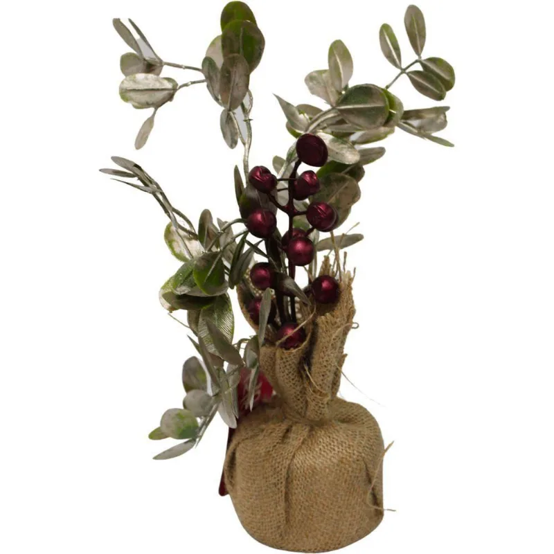 Enfeite Vaso Folha E Berrie Metalizado - 26 Cm - Magizi