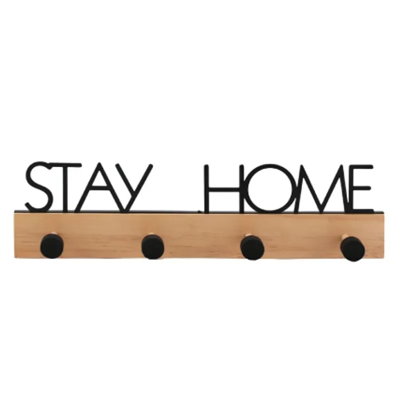 Cabide De Parede Stay Home 4 Ganchos Metal Preto E Madeira 40cm 26796 Tuut