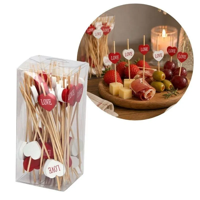 Palitos Para Aperitivo Decorados Coração Love Bambu 50 Unidades Para Festas E Mesas De Frios