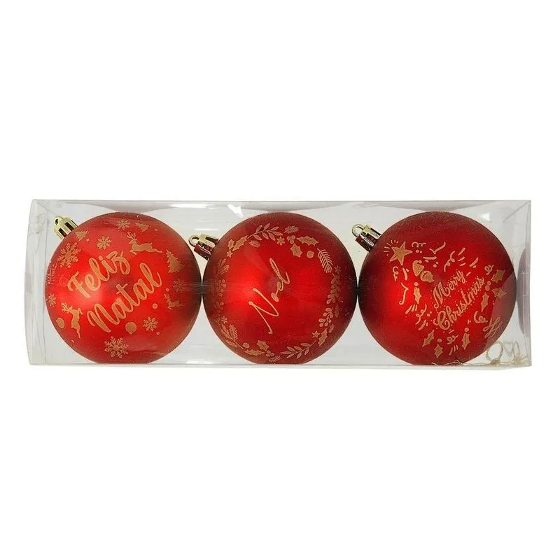 Kit 3 Bolas Natal Vermelho Fosco Decoradas Mensagens Dourado 8cm - Magizi