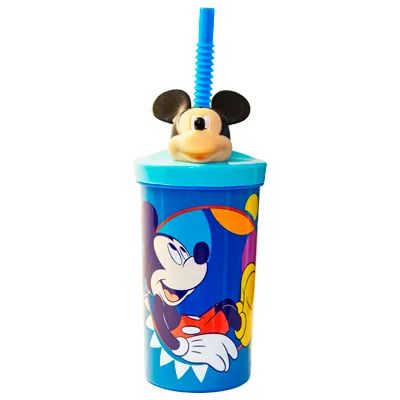 Copo Infantil 3D Mickey Mouse Happy Disney com Tampa e Canudo 360mL