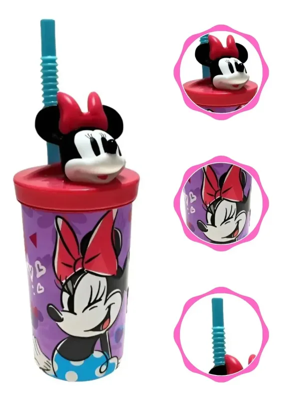 Copo Infantil 3D Minnie Mouse Smile Disney Com Tampa e Canudo 360mL