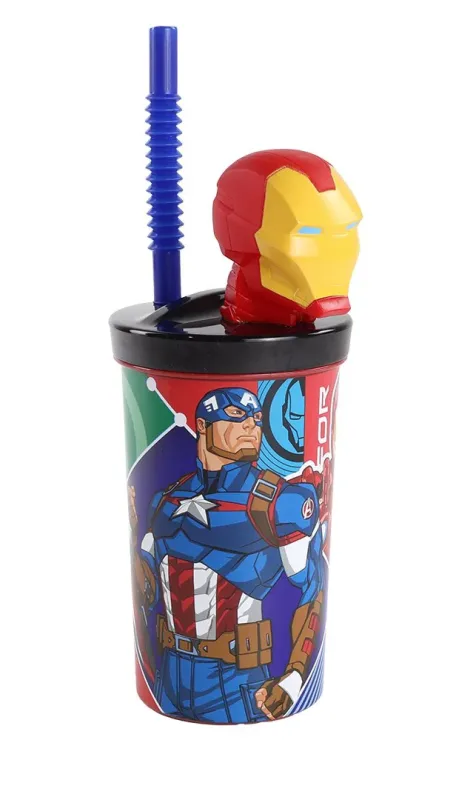 Copo Infantil 3D Avengers Cyber Marvel Com Tampa e Canudo 360mL