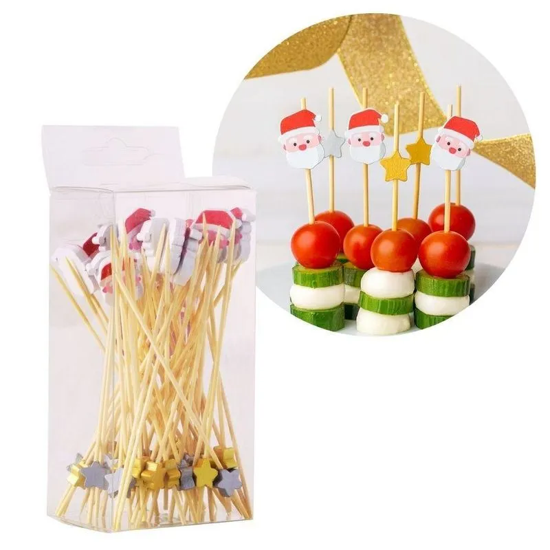Palitos De Aperitivo Decorados Natal Papai Noel E Estrelas Em Bambu Para Festas Amarelo Yangzi 50