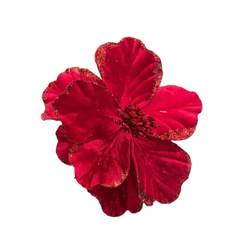 Flor Magnolia Veludo Gliter Tuut 20x15cm Vermelha