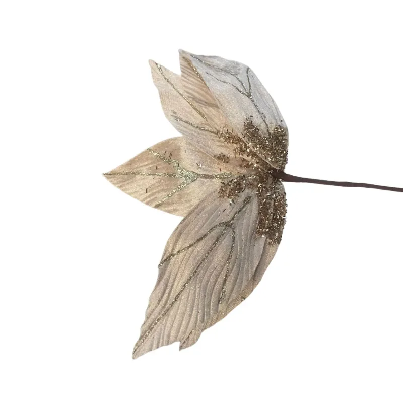 Flor Galho em Leque Magizi com Gliter 50cm Dourado Champagne