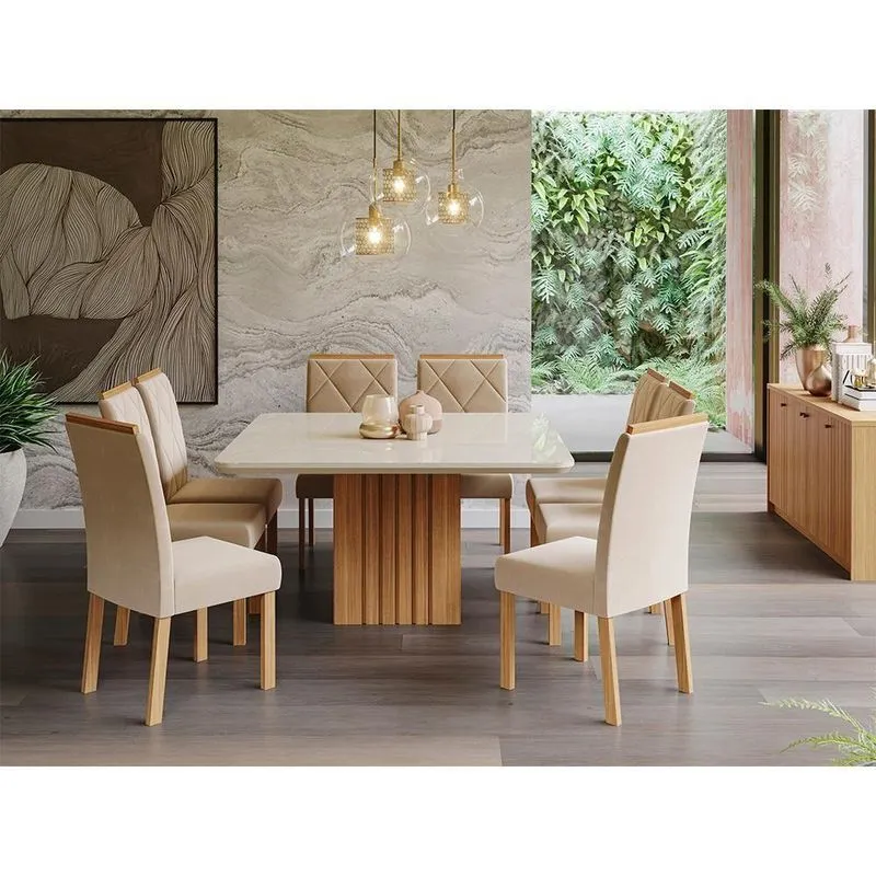 Conj Sala De Jantar 130x130 Tampo Em Mdf-vidro 8 Cadeirasnature-off White-madeira-nude