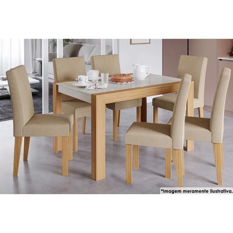 Sala de Jantar Completa Grace c/ Tampo Madeirado 130x90cm e 6 Cadeiras Maia Nature /Off White-Suede Gengibre Bege - Cimol