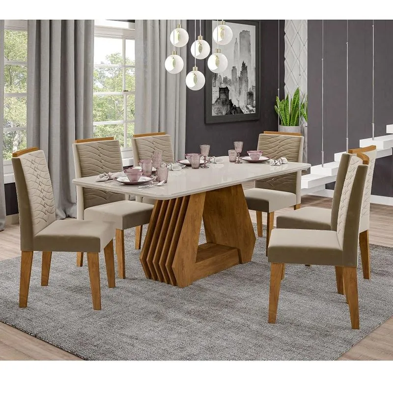 Conjunto Sala de Jantar Agata 180cm 6 Cadeiras Clarice Cimol Savana/Off White/Joli S/V