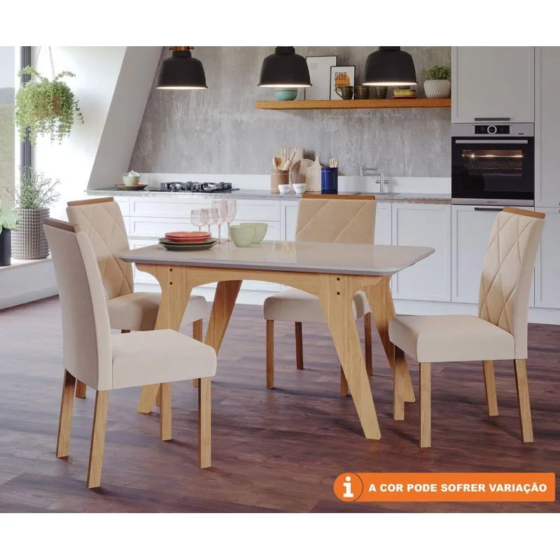 Conjunto Sala De Jantar Selena 130x80 Tampo Mdf/vidro 4 Cadeiras Fernanda Cimol Nature/off White/madeira/nude
