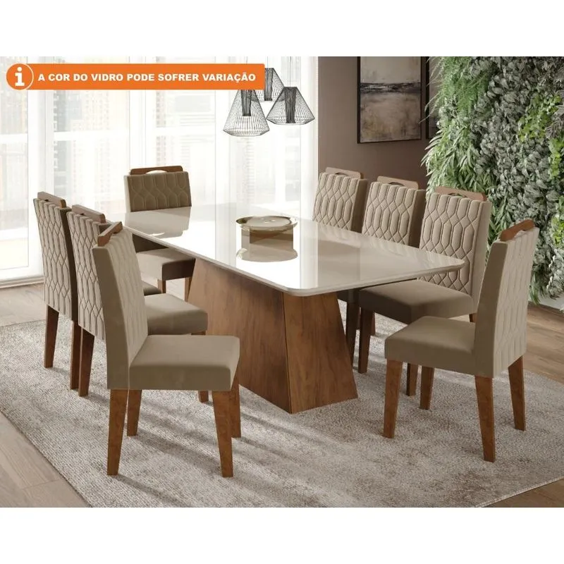 Conjunto Sala De Jantar Helena 210x100 Tampo Em Mdf/vidro 8 Cadeiras Paola Cimol Savana/off White/joli