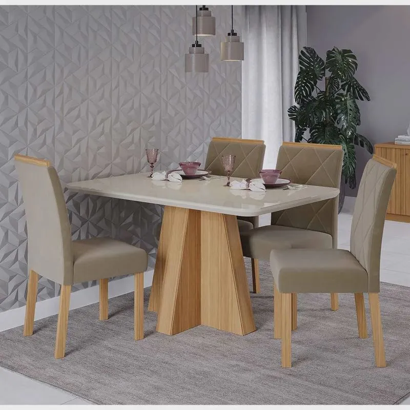 Conjunto Sala de Jantar Mesa Maite 130x80 cm e 4 Cadeiras Fernanda Cimol Nature/Off White/Madeira/Joli