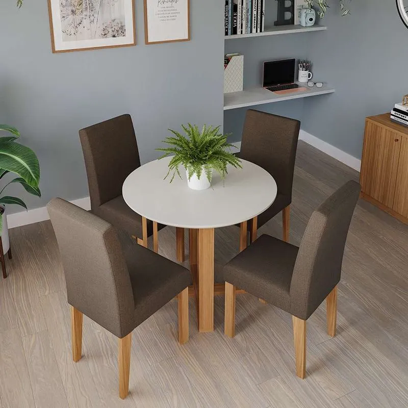 Conjunto De Mesa De Jantar Redonda Com Tampo Flora Ii Off White E 4 Cadeiras Maia Linho Mascavo