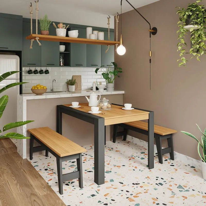 Conjunto de Mesa de Jantar Retangular com 2 Bancos Grace Nature e Chumbo