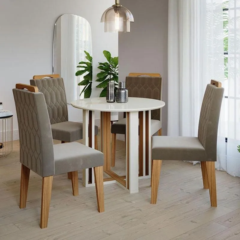 Mesa Redonda Com 4 Cadeiras Flora Off White Nature Joli
