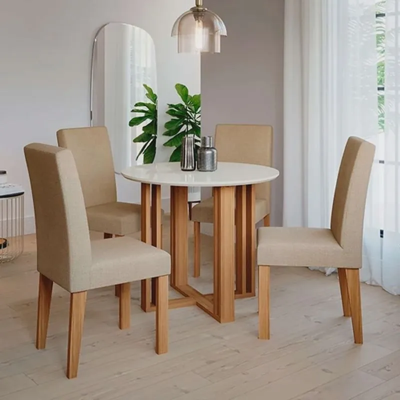Mesa para Sala De Jantar Flora Redonda e 04 Cadeiras Maia Cimol Nature/Off White/Gengibre