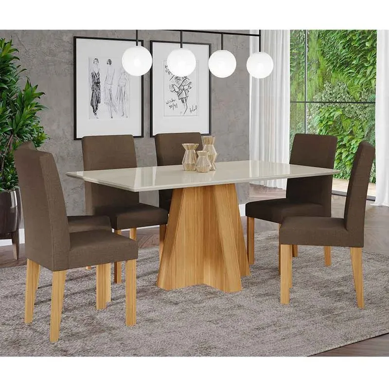 Conjunto Sala de Jantar Mesa Patricia 160x80 e 6 Cadeiras Maia Cimol Nature/Off White/Mascavo