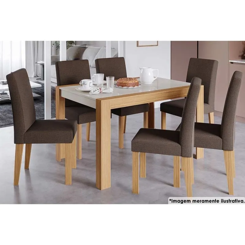 Sala de Jantar Completa Grace c/ Tampo Madeirado 130x90cm e 6 Cadeiras Maia Nature/Off White-Suede Mascavo Chocolate - Cimol