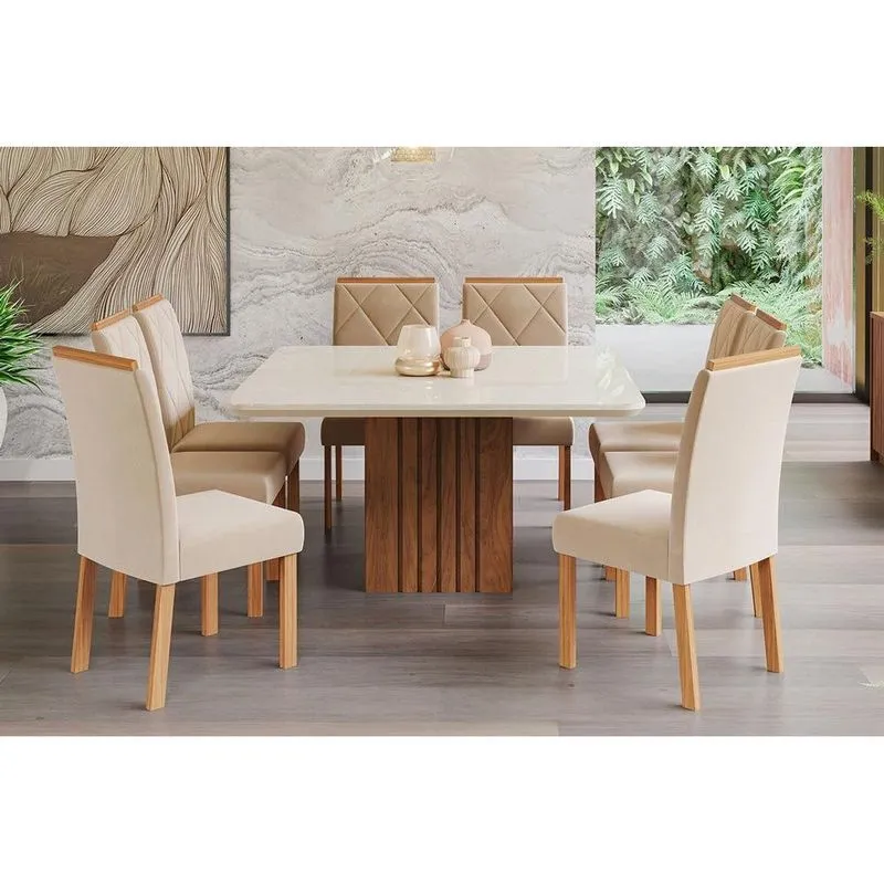 Sala de Jantar Completa Ana c/ Tampo Madeirado c/ Vidro 130x130cm e 8 Cadeiras Fernanda Savana-Nature-Madeirado/Off White - Suede Nude Be - Cimol