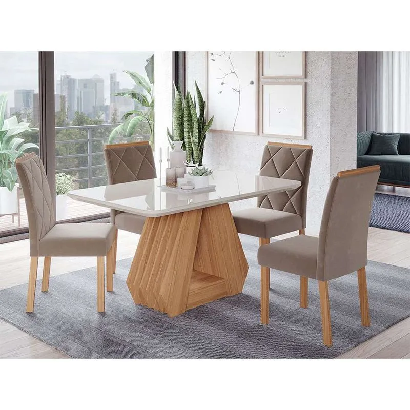 Conjunto de Mesa de Jantar com Tampo de Vidro Agata e 4 Cadeiras Fernanda MDF e Madeira Off White