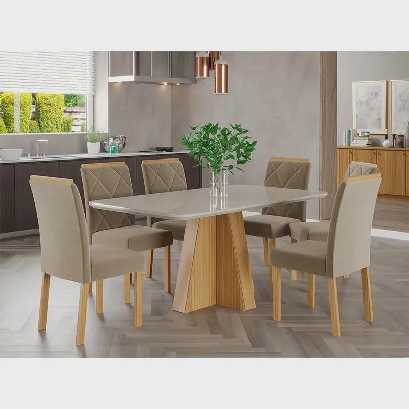 Mesa para Sala de Jantar Maite 160 cm com 6 Cadeiras Fernanda Cimol Nature/Off White/Joli