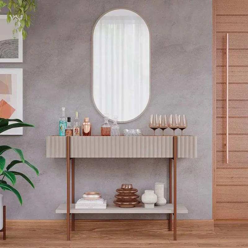 Kit Aparador Canelado Lira com Espelho Decorativo Jade Cimol Off White/Nature