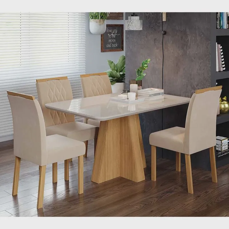 Conjunto Sala de Jantar Mesa Maite 130x80 cm e 4 Cadeiras Juliana Cimol Nature/Off White/Madeira/Nude