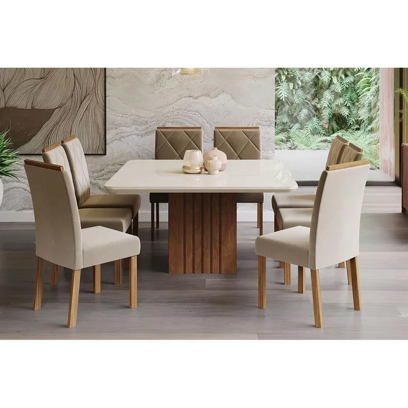 Sala de Jantar Completa Ana c/ Tampo Madeirado c/ Vidro 130x130cm e 8 Cadeiras Fernanda Savana-Nature/Off White-Suede Joli Capuccino - Cimol