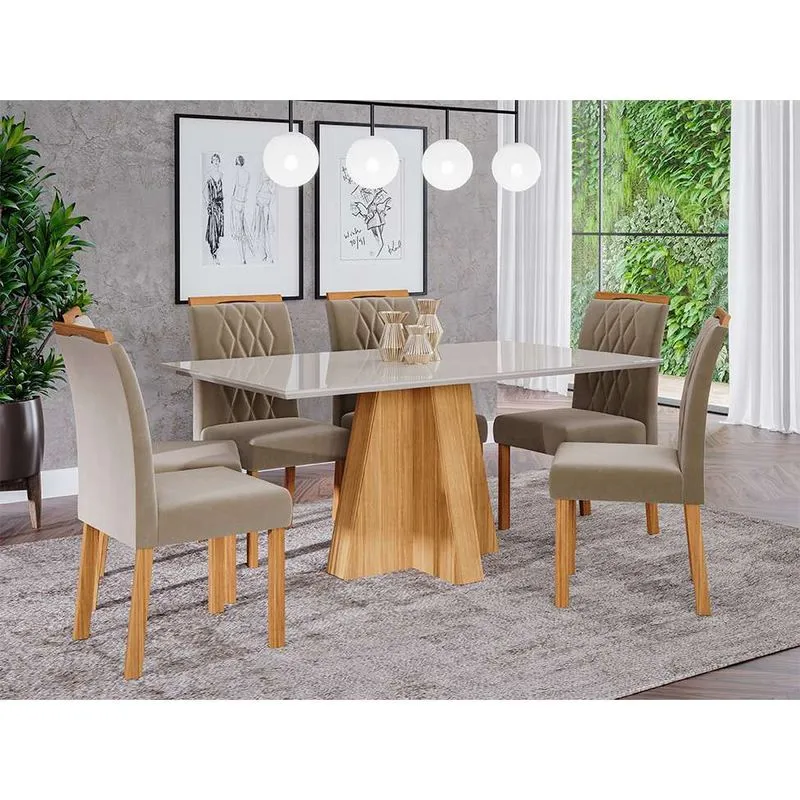 Conjunto de Mesa de Jantar com Tampo de Vidro Off White Patrícia e 6 Cadeiras Juliana Suede Joli e Nature
