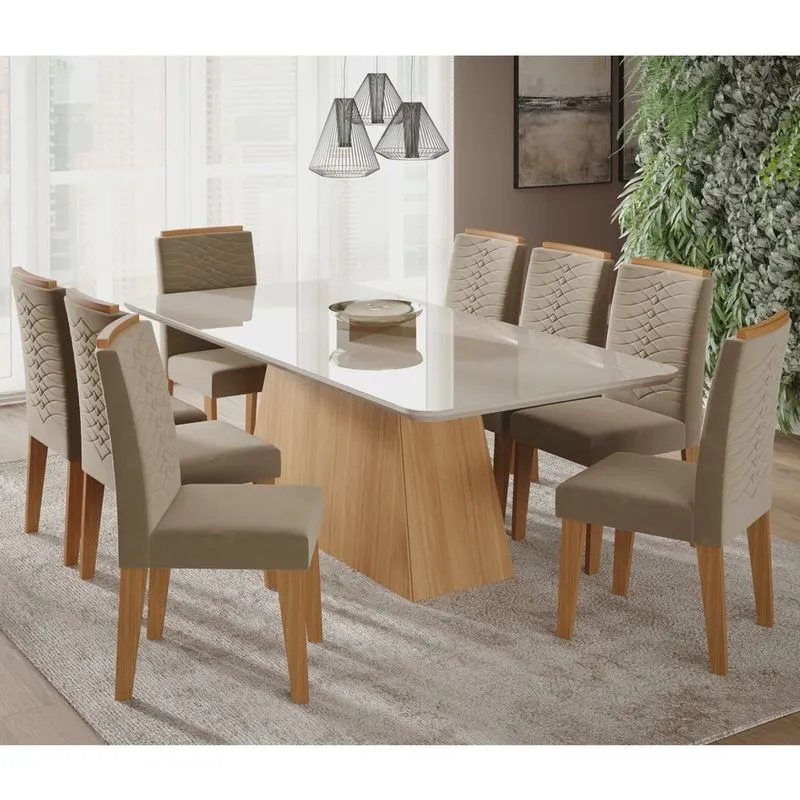 Conjunto Sala de Jantar Mesa Helena 210x100 cm e 8 Cadeiras Clarice Nature/Off White/Joli