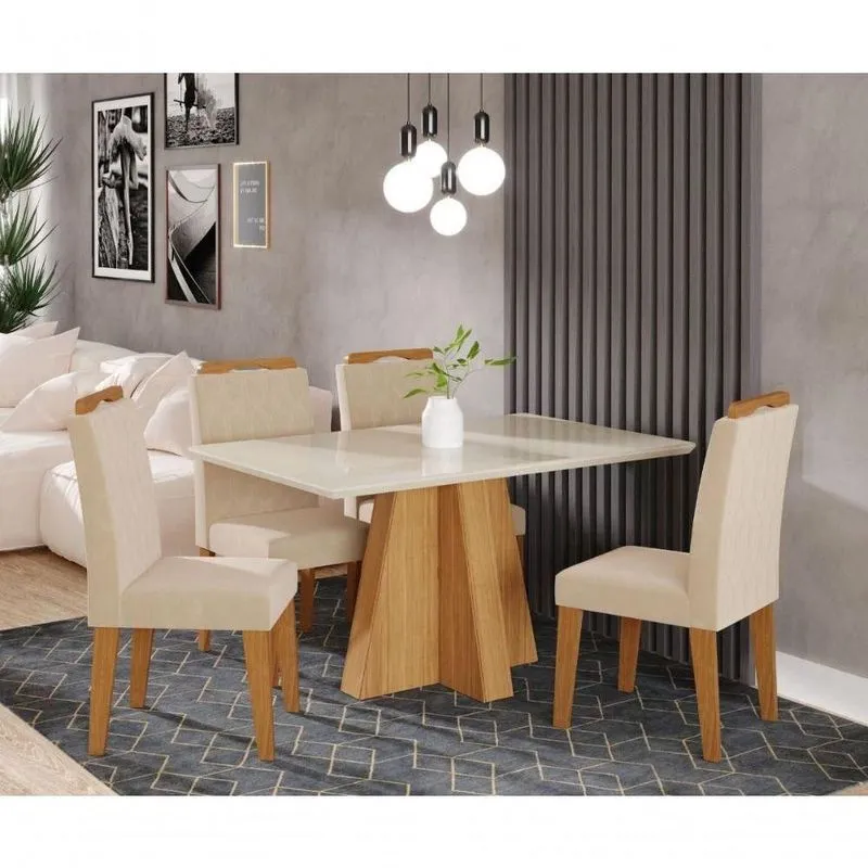 Conjunto Sala De Jantar Patricia 130x80 Tampo Mdf/vidro 4 Cadeiras Paola Cimol Nature/offwhite/nude
