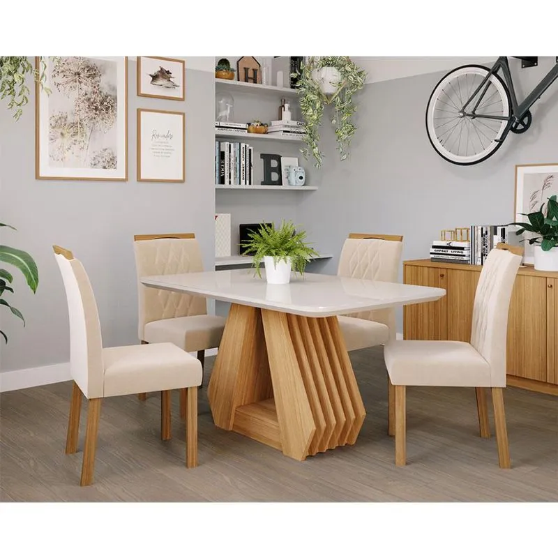 Conjunto de Mesa de Jantar Agata e Juliana com 4 Cadeiras Suede MDF e Vidro Off White