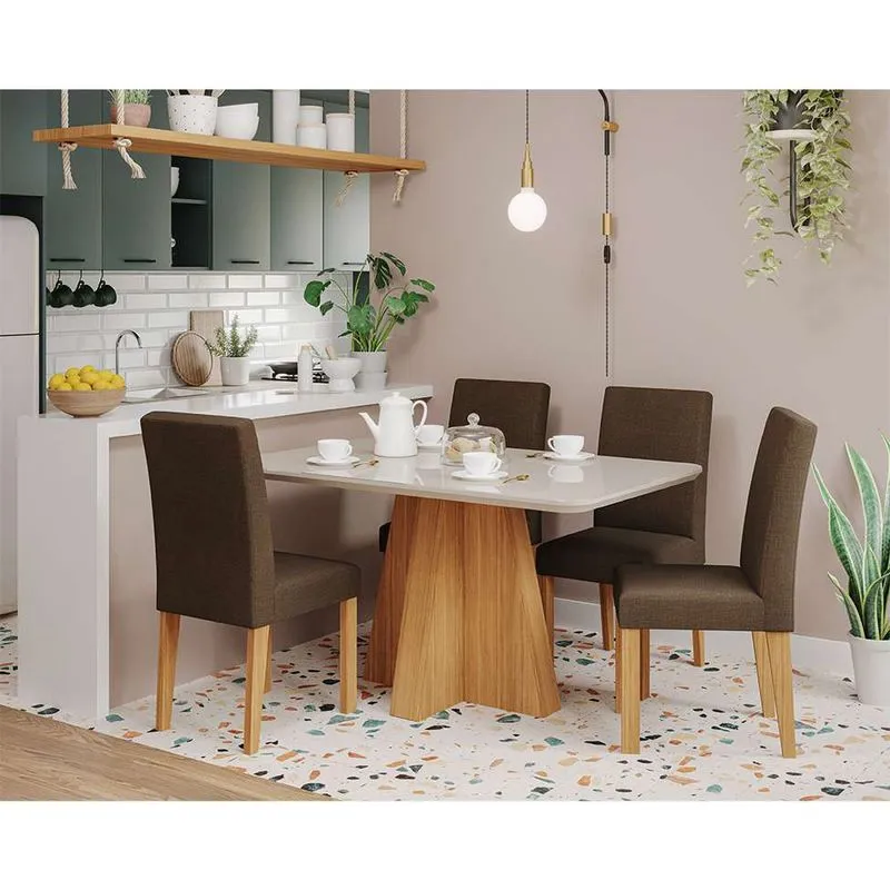 Conjunto de Mesa de Jantar Retangular com Tampo de Vidro Off White Maite e 4 Cadeiras Maia Linho Mascavo e Nature