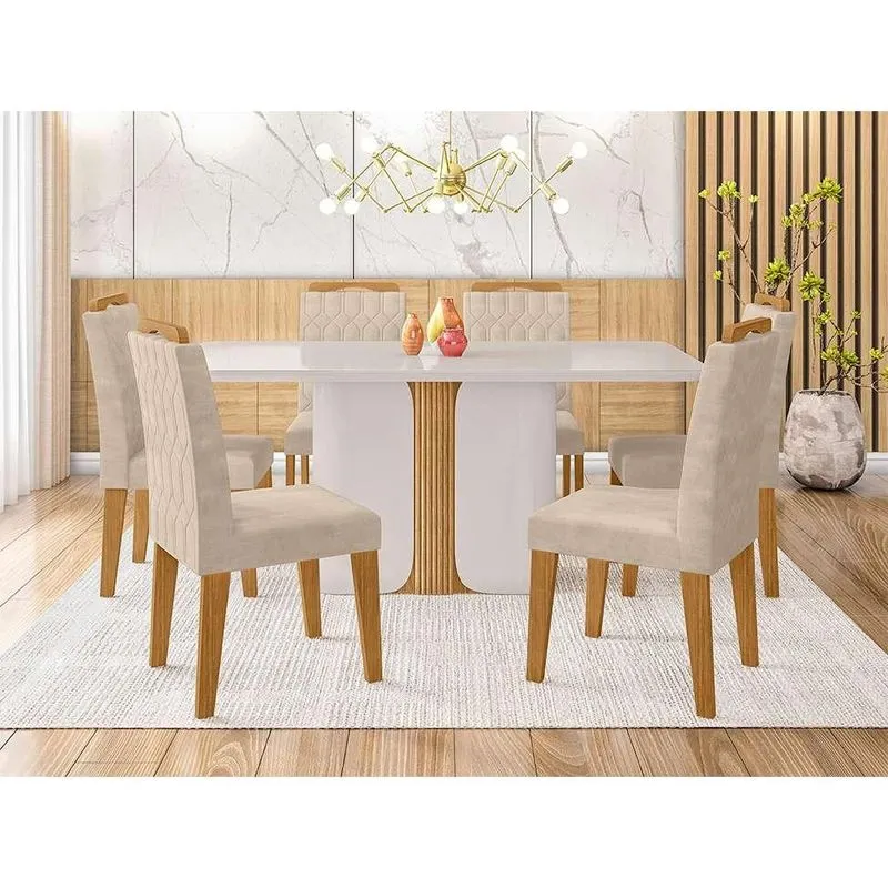 Conjunto de Mesa de Jantar Retangular com Tampo de Vidro Off White Charlote e 6 Cadeiras Paola Suede Nude e Nature