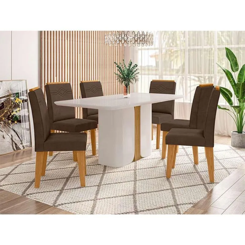 Conjunto de Mesa de Jantar Retangular com Tampo de Vidro Off White Charlote e 6 Cadeiras Tais Suede Chocolate e Nature