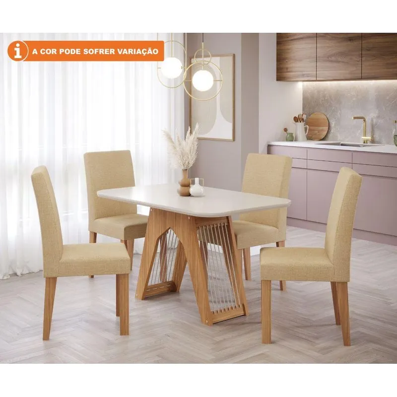 Conjunto Sala De Jantar Carol 130x80 Tampo Mdf/vidro 4 Cadeiras Maia Cimol Nature/offwhite/gengibre
