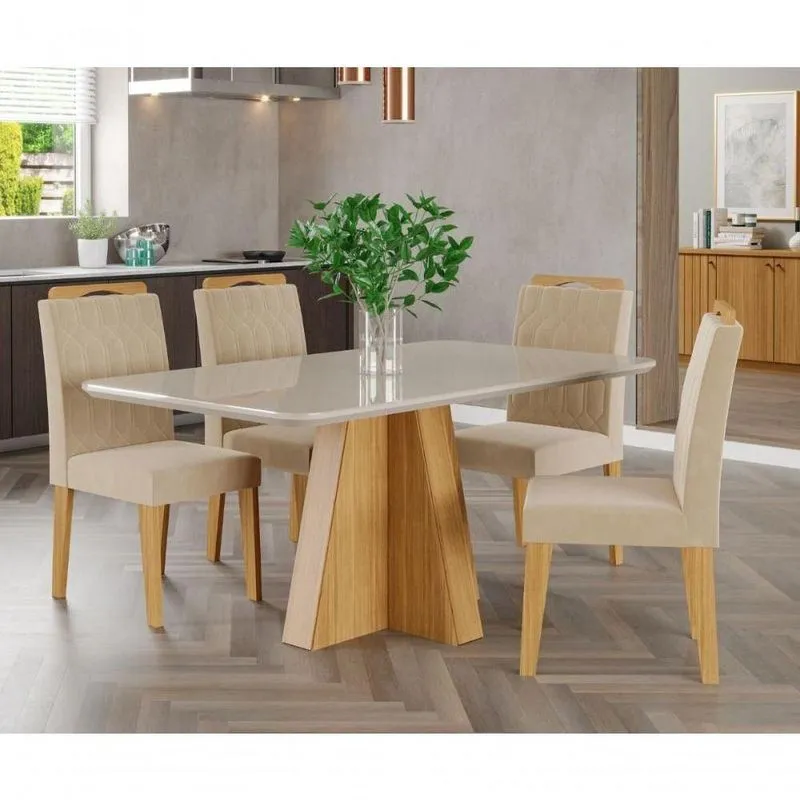 Conjunto Sala De Jantar Maitê 160x80 Tampo Em Mdf/vidro 4 Cadeiras Paola Cimol Nature/off White/nude