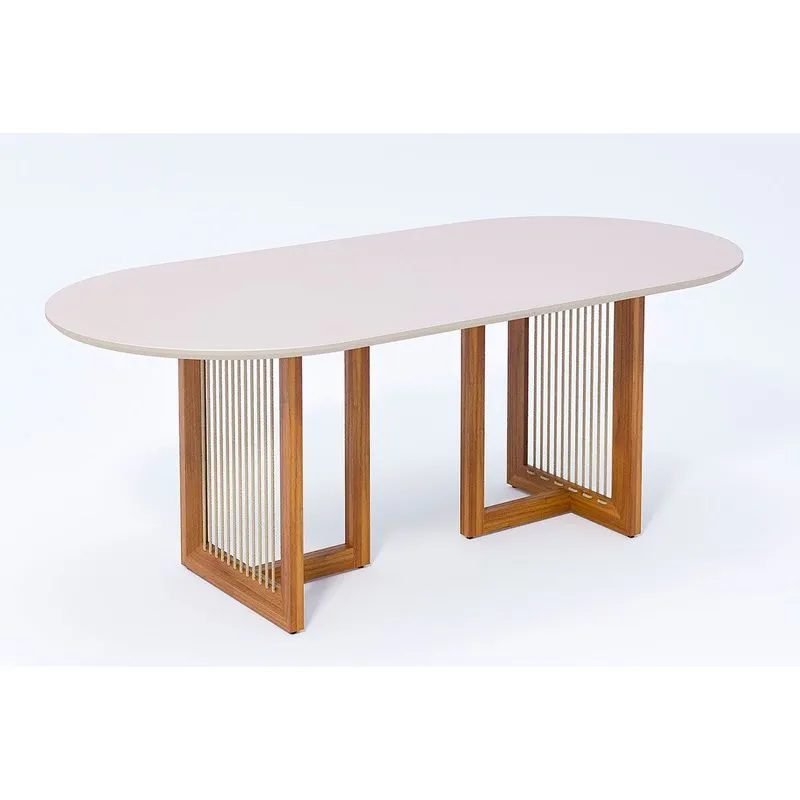 Mesa de Sala Jantar Régia Natuame c/ Tampo Madeirado Vidro Oval 210x100cm Carvalho/Off White - Cimol