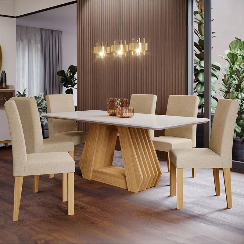 Mesa de Jantar Cimol Alessia com 6 Cadeiras - Nature/Off White/Gengibre