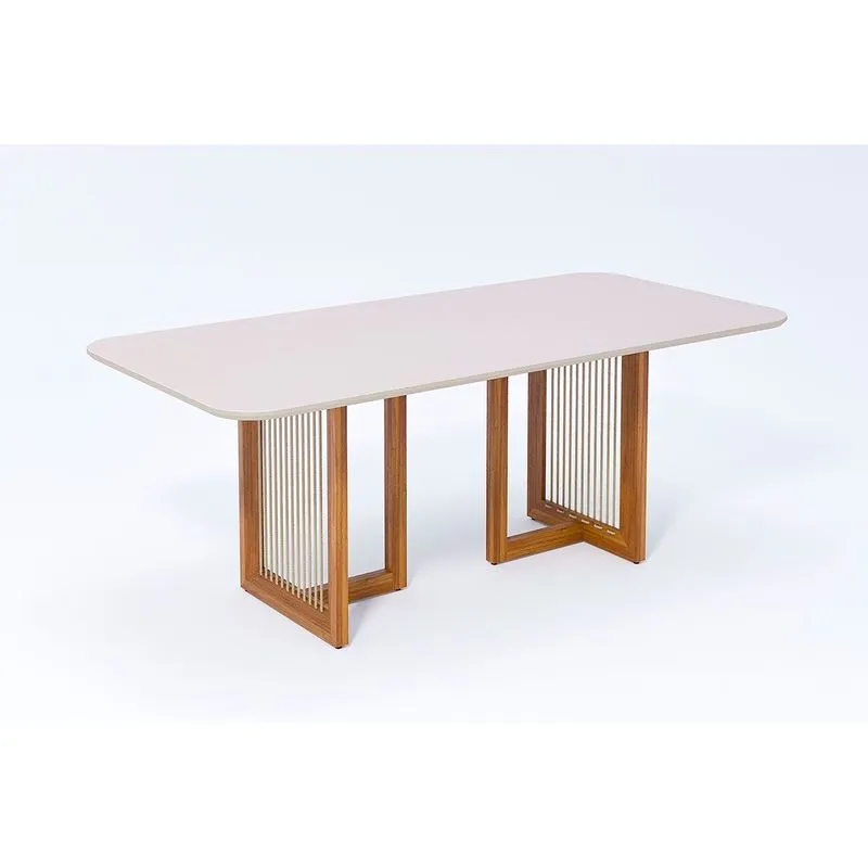 Mesa de Sala Jantar Regia Natuame c/ Tampo Madeirado Vidro Reto 210x100cm Carvalho/Off White - Cimol