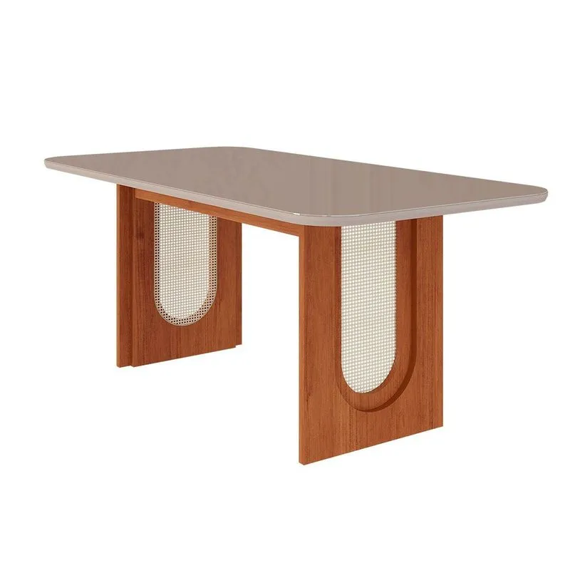 Mesa de Sala Jantar Valentina c/ Tampo Madeirado c/ Vidro 180x90cm Cinamomo/Off White - Cimol