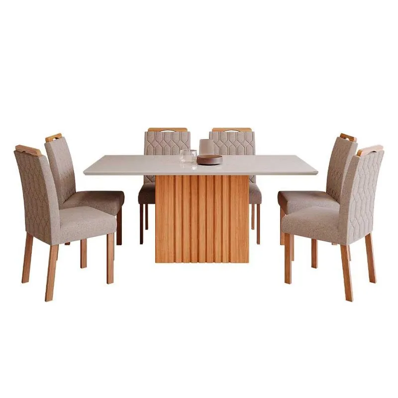 Conjunto Sala Jantar Mesa Ana 1,80 com 6 Cadeiras Paola Nature/Off White/Mad/Linho Bege